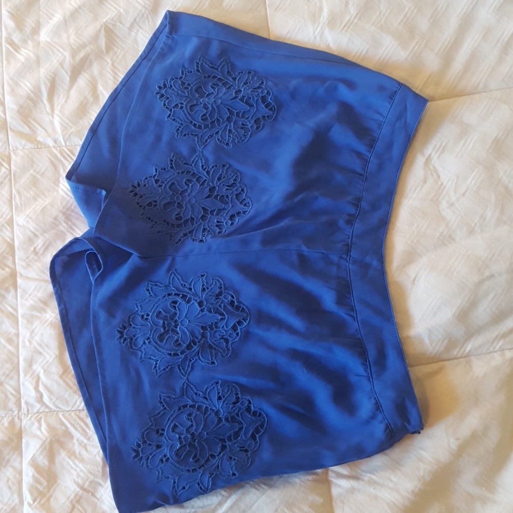 Blue lined shorts, with a side zipper.